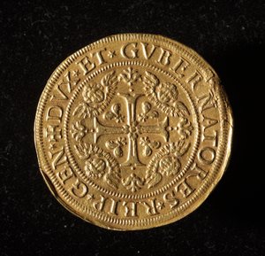 Republikkens geners valuta: 12,5 guld dobbeltmønt. Diameter 61 mm. 1656. Forside. Genes Museums of Strada Nuova (inv. 6453) af Italian School