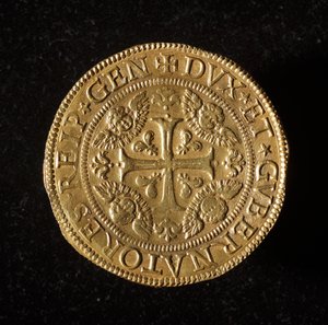 Republikkens geners valuta: 12,5 guld dobbeltmønt. Diameter 61 mm. 1656. foran. Genes Museums of Strada Nuova (inv. 6456) af Italian School