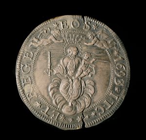 Republikkens geners valuta: ECU bred i sølv. Diam. 61 mm. 1693. tilbage. Genes Musei di Strada Nuova (inv, M7097) af Italian School