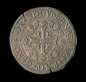 Republikkens geners valuta: ECU bred i sølv. Diam. 61 mm. 1693. front. Genes Musei di Strada Nuova (inv, M7135) af Italian School