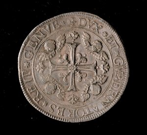 Republikken Genes valuta: fem ecu sølvmønt. Diam. 61 mm. 1693. Forside. Genes Musei di Strada Nuova af Italian School