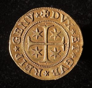 Republikken Genes valuta: dobbeltmønt med fem guld. Diameter 41 mm. 1642. Forside. Strada Nuovas genermuseer af Italian School