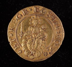 Republikken Genes valuta: dobbeltmønt med fem guld. Diameter 41 mm. 1642. tilbage. Strada Nuovas genermuseer af Italian School