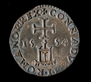 Republikkens geners valuta: sølvteston (eller testen) fra velsignelsen. Front repræsenterer Genova-portalen under et kors. 1554 Genes, Musei di Strada Nuova af Italian School