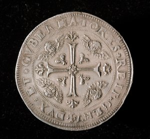 Republikken Genes valuta: seks ecu sølvmønt. Diam. 61,5 mm. 1715. Tilbage. Genes Musei di Strada Nuova (inv, M7156) af Italian School