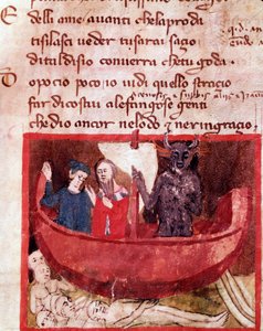 Dante og Virgil på Phlegyas-båden møder Filippo Argenti (sang 8 fra helvede, i den guddommelige komedie) - miniature af Italian School