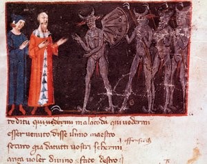 Dante og Virgil taler med Malacoda, leder af Malebranche-eskadronerne (sang 21 fra Helvede, i den guddommelige komedie) - miniature af Italian School