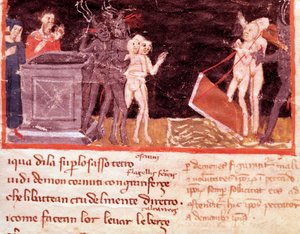 Dante og Virgil omgivet af alfonserne og forførerne (sang 18 fra Helvede, i den guddommelige komedie) - Miniature af Italian School