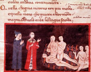 Dante et Virgil omgivet af de voldelige (sang 14 fra Helvede, i den guddommelige komedie) - miniature 1300-tallet af Italian School