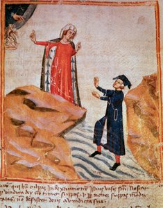 Dante møder Mathelda på Lethes bred (sang 28 fra skærsilden, i den guddommelige komedie) - Minature af Italian School
