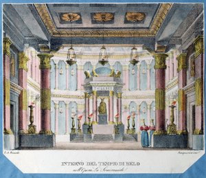 Dekor til operaen La Semiramide af Christoph Gluck (1714-1787) (Scenedesign til operaen La Semiramide af Ch. Gluck). Litografi i farver, anonym, ca. 1790. Italiensk kunst, teaterdekor. Statens museum for teater og musikkunst, Sankt Petersborg. af Italian School