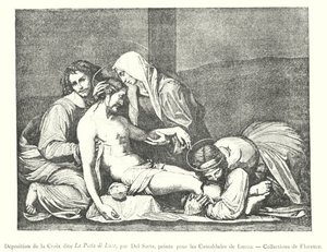 Afsætning af korset kendt som La Pieta di Luco, af Del Sarte, malet for Camaldolese fra Lucco, Firenzes samlinger (gravering) af Italian School