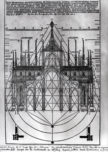 Design til katedralen i Milano, illustration fra De Architectura af Vitruvius, Como, 1521 af Italian School