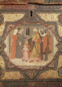 Detalje af en cassone, der viser historien om Saladin og Torello fra Istrien, af Giovanni Boccaccio (tempera på panel) (se også 444280-81) af Italian School