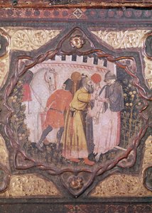 Detalje af en cassone, der viser historien om Saladin og Torello fra Istrien, af Giovanni Boccaccio (tempera på panel) (se også 444281-82) af Italian School