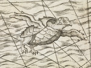 Detalje af en flyvende skildpadde på et kort over Nordeuropa, fra en nylig og nøjagtig beskrivelse af de nordlige regioner i Sverige, Gothia, Norge, Danmark og de tilstødende lande. M. Tramezinis formularer af Italian School