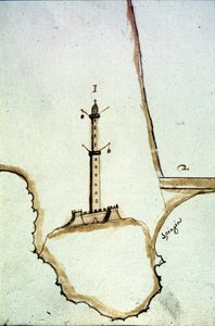 Detalje af et håndskrevet topografisk kort fra det 17. århundrede, der viser Genova-lanternens position. af Italian School