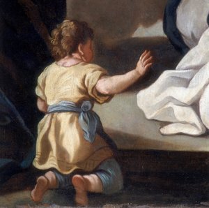 Detalje af maleriet, der forestiller Rosenkransmadonnaen med de hellige Dominik og Katarina af Siena af Italian School