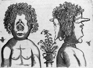 Forskellige typer menneskelige monstre: ansigt og ansigt af monsterhoved. Gravering fra "Monstrenes natur, årsager og forskelle" af Fortunio Liceti (1577-1656), italiensk videnskabsmand. 1646 af Italian School