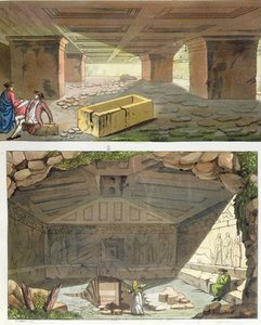Opdagelse af etruskiske grave, ca. 1820 (farvegravering) af Italian School