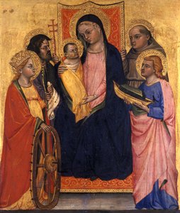 Tronet Madonna og barn med fire hellige, ca. 1400 (tempera på poppeltræ) af Italian School
