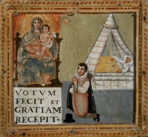 Ex-voto, der skildrer en mand, der takker Jomfruen på sine knæ for at være helbredt fra en sygdom, 1604 af Italian School