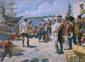 Expedition of the Thousand under ledelse af Giuseppe Garibaldi, landende i Marsala, Sicilien, 1860, illustration fra et album om Risorgimentos historie lavet til chokoladen Talmone, sent af Italian School