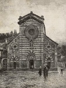 Facade af Bellano katedral, Comosøen, Italien, gravering fra tegning af Quinto Michetti, fra L