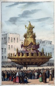 Fest for Santa Rosalia af Palermo (1130-1160), skytshelgen for Palermo - Festen for Santa Rosalia - (skytshelgen for Palermo i Italien) Festen for Santa Rosalia i Palermo på Sicilien - Fest for Santa Rosalia - gravering fra " "Tutts brug og skikke af Italian School