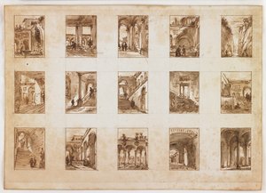 Femten Miniature Architectural and Italian Views (pen og brunt blæk med vask over grafit på papir) af Italian School