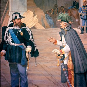 Første italienske uafhængighedskrig: "" slaget ved Novara (Novara) den 13/09/1849"" Også kaldet slaget ved Bicoque. Vittorio Emanuele (Victor Emmanuel) (Victor-Emmanuel) II (1820-1870) og Joseph Radetzky (1766-1858) efter slaget. Detalje af en fresc af Italian School