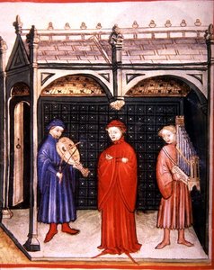 Fol.103v En sanger ledsaget af orgel og et strygeinstrument, illustration fra "Tacuinum Santiatis Codex Vindobonensis" (pergament) af Italian School