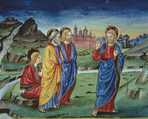 Fol.103v Efter forvandlingen beder Kristus apostlene om ikke at afsløre dette før efter opstandelsen (vellum) (detaljer) af Italian School