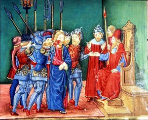 FOL.106V Kristus ledes som fange før Anas, Ypperstepræsten (Vellum) af Italian School