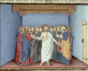 Fol.135v Jesus viser sig for disciplene samlet under ét tag af frygt for dommerne (vellum) af Italian School