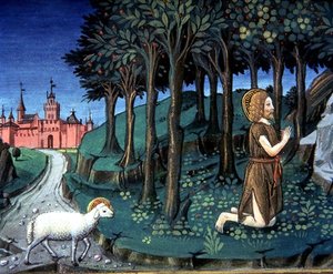 Fol.143v St. Johannes Døberen beder i ørkenen (vellum) af Italian School