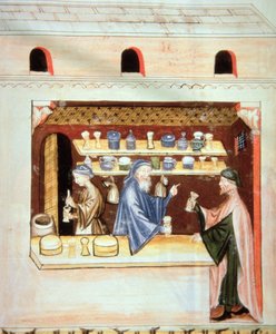 Fol.53v Forberedelse og salg af timian, illustration fra Tacuinum Santiatis Codex Vindobonensis af Italian School