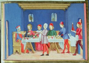 Fol.75v Jesus under måltidet i farisæerens hus spørger, om han får lov til at helbrede på sabbatten (vellum) af Italian School