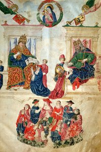 Stiftelsen af universitetet i Bologna af kejser Theodosius II (408-450) og de privilegier, der er tildelt af pave Paul II (1417-71) (vellum) af Italian School