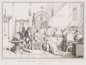 Francesco Dandolo beder Clement V om at ophæve ekskommunikationen af Italian School