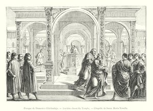 Fresko af Domenico Ghirlandajo, Jagter Joachim fra templet, Santa Maria Novellas kapel (gravering) af Italian School