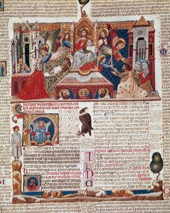 Frontispice side af manuskriptet til "Decret de Gratien" ("Concordia discordantium canonum" eller "Decretum Gratiani") fra 1140 og regulerer love og kanoner for den romersk-katolske kirke. 1300-tallets Siena, Biblioteca degli Intronati af Italian School