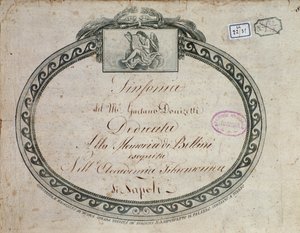 Frontispice-detalje af "Symfoni i Es-dur: dedikeret til minde om Bellini" af Gaetano Donizetti (1797-1848). af Italian School