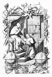 Frontispice for Sacred-Profane Universal Library, bind 1 af Vincenzo Coronelli, tryk lavet af Alessandro dalla Via, udgivet 1701 af Italian School