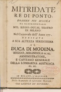 Frontispice fra en tidlig kopi af Mitridate, re di Ponte, en opera af Wolfgang Amadeus Mozart, 1770 af Italian School