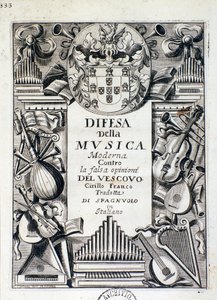 Frontispice af forsvar af moderne musik: mod den falske mening fra biskop Cirillo Franco, af kong James IV af Portugal af Italian School