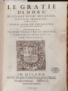 Frontispice af Le Gratie dAmore (Le Grazie dAmore) af den italienske danser Cesare Negri kaldet Il Trombone (1536-1604), traktat om dans af Italian School