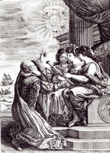 Frontispice af Opere di Galileo Galilei, udgivet i Bologna i 1656 af Italian School