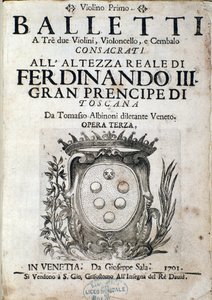 Frontispice af musikpartitur af Balletti a tre, opera III af Tomaso Albinoni (1671-1750) af Italian School