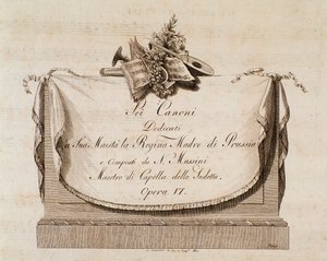 Frontispice af musikpartitur af Sei canoni af den italienske komponist Natale Mussini (1765-1837) dedikeret til Dronningen af Preussen af Italian School